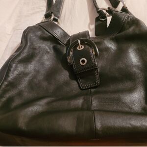 Black Leather Handbag with Buckle Detail Coach